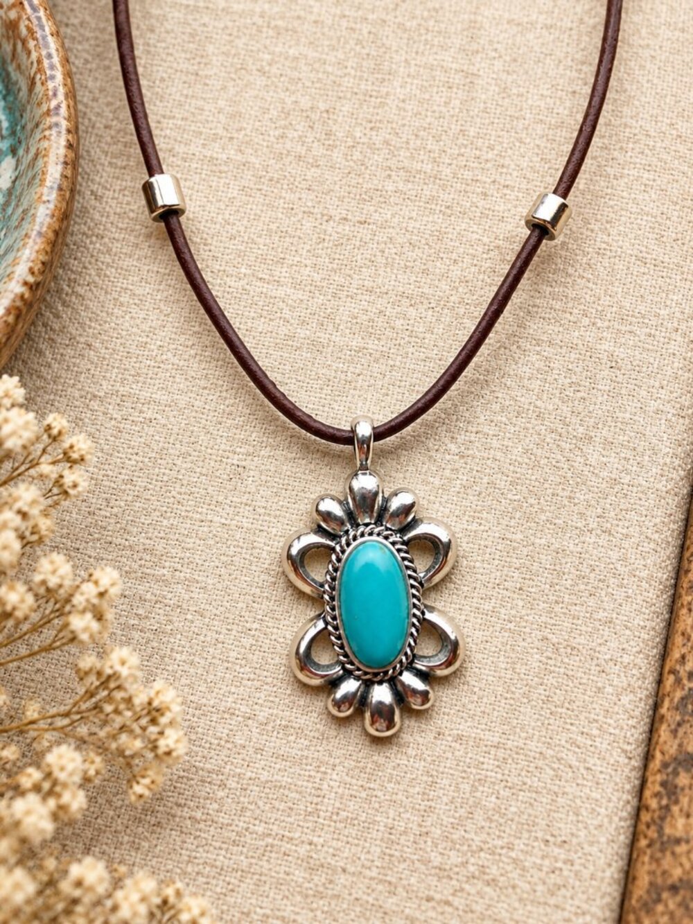 Vintage Chaps Turquoise Pendant Leather Cord Necklace Southwestern